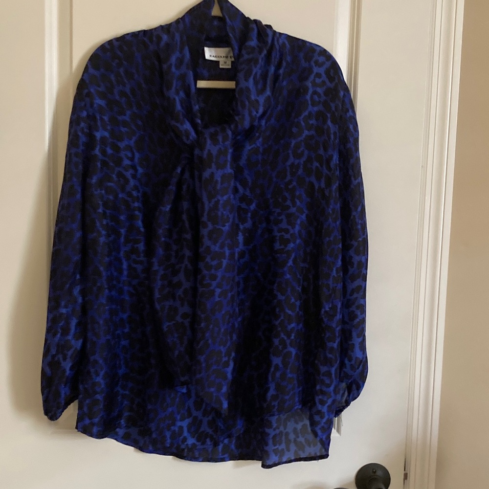 Caroline Rose silk Royal Blue and Black Leopard-Print Tie-Neck Blouse
